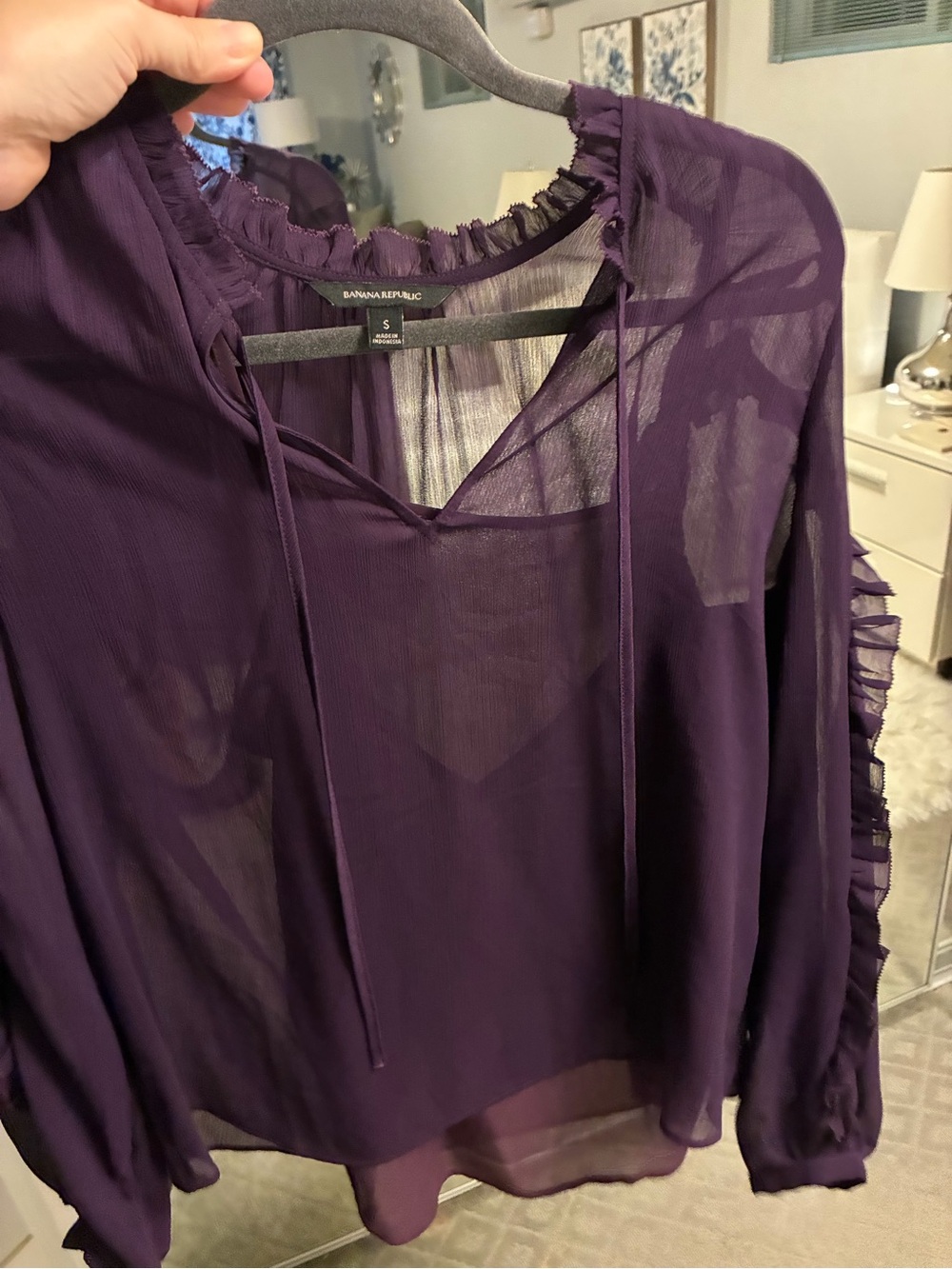 Banana Republic Purple Sheer Ruffle-Shoulder Blouse